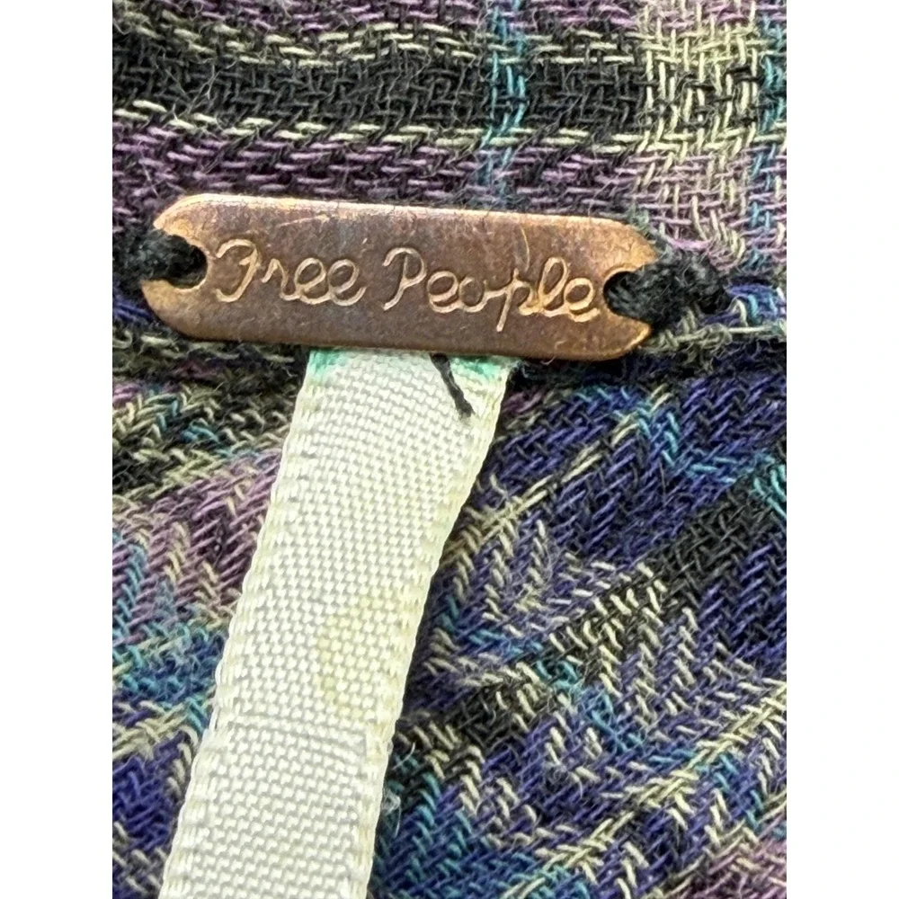 Free People Shirt Womens XS Purple Plaid Button Front Frayed Hem Tunic‎ Top